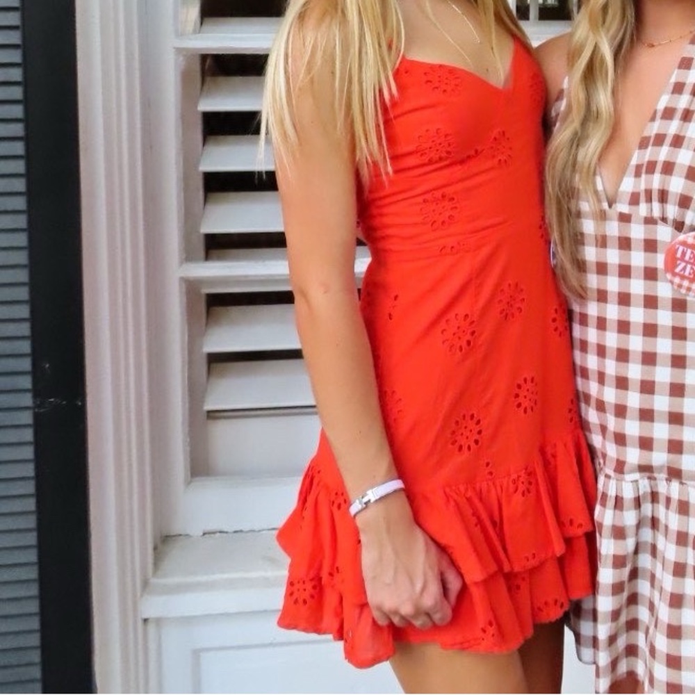Bloomingdale’s Orange Eyelet Ruffle Dress perf for game day